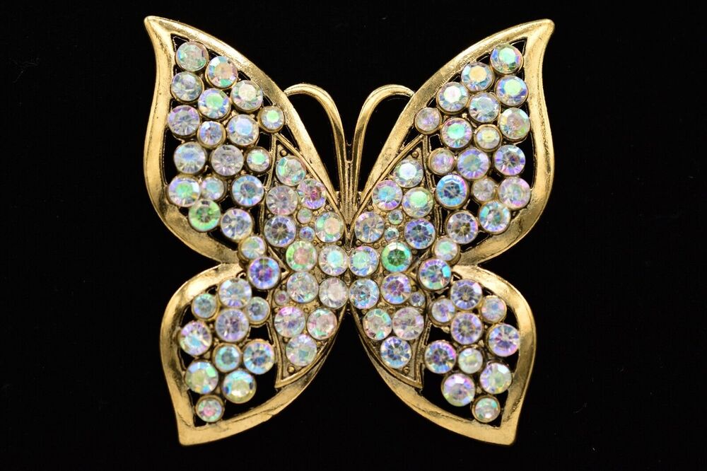Vintage Butterfly Pin Brooch Rhinestone Crystal Aurora Borealis Gold Chunky BinJ
